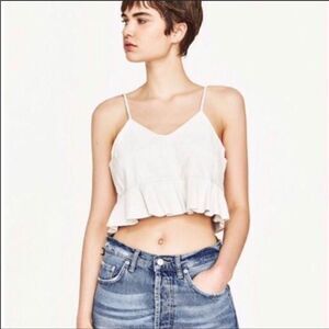 NWT Zara Dove Gray Faux Leather V Neck Crop Ruffle Spaghetti Strap Top L